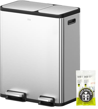 EKO EcoCasa Stainless Steel Dual Step Trash Can for Recycling, 30L+20L Rectangular Kitchen Trash Can, Independent Pedals and Lids, Soft Close and Fingerprint Resistant
