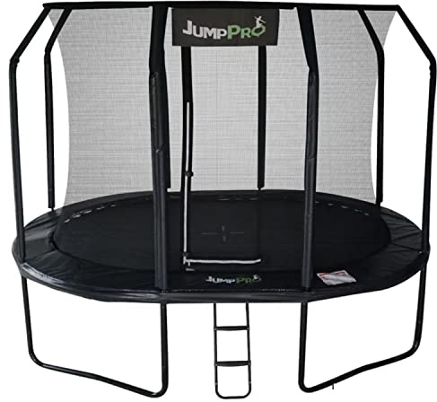 12ft x 8ft Jump PRO Xcel Oval Trampoline. Black Powder Coated Steel for Added Rust Protection. Strong Sturdy Frame Black Padding. High Specification with Safety Ladder for Additional Safety.