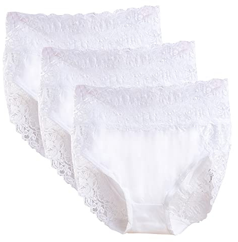 Serecofo Lot de 3 Culottes Slips Femme en Coton Taille Haute Couverture Totale sous-Vêtement Lingerie Féminine Shorty en Dentelles 36-52 Élastique (46-48, 3 Blanc)