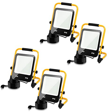 Yakimz LED Foco de Construcción Luz de Trabajo 150W 13000LM Foco de Construcción con 3m Cable de Alimentación IP66 Portátil y Plegable 216 LEDs Foco para Taller Obra Garaje, Blanco Frío, 4pcs.