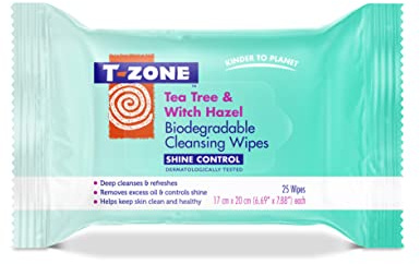 T-Zone Tea Tree & Witch Hazel Biodegradable Cleansing Wipes 25 Pack - Deep Cleansing & Oil-Control Face Wipes - Removes Dirt, Makeup & Impurities for Fresh, Clearer Skin