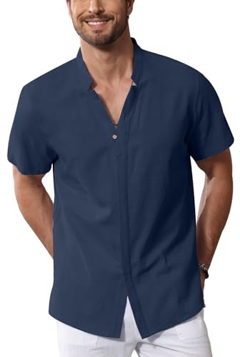 Mens Cotton Linen Henley Shirt Short Sleeve Band Collar Button Down Shirt Summer Beach Tops Navy L