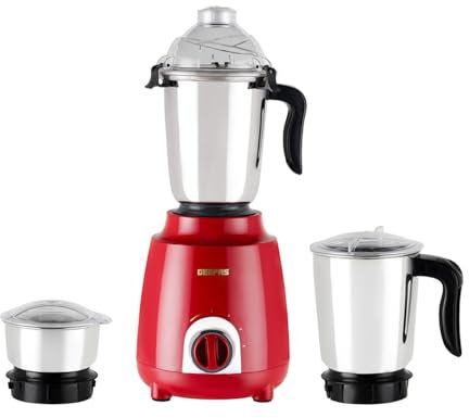 GEEPAS 600W 3-in-1 Mixer Grinder | Stainless Steel Jars, Blades | 3 Speed Control, Perfect for Chutney, Dry & Wet Fine Grinding Mixing | Overload Protection | Shockproof Body | 2 Year Warranty, Red