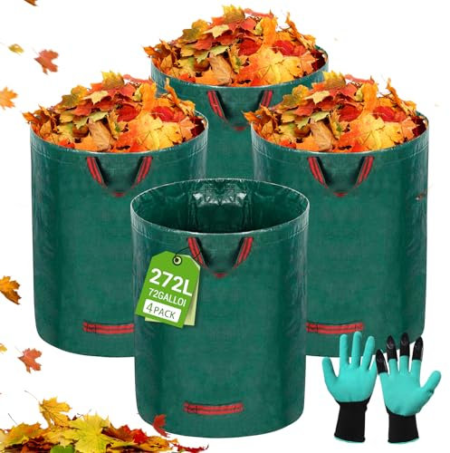 USHOP Lot de 4X 272L Sacs de Jardin, Sac Jardin Pliable avec Poignées, Indéchirables, Étanches, Sac Jardin Dechets Verts Déchets Verts, Feuilles, Tontes, Réutilisable (Offrir des Gants)