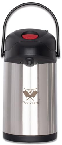 Beeketal 'BPK Serie' Gastro Pumpkanne, doppelwandige Edelstahl Isolierkanne mit leichtgängigem Pumpmechanismus (Warm- & Kalthalten) und klappbarem Tragegriff (ca. 3,5 Liter)