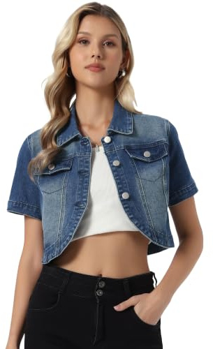 Allegra K Blouson en Jean Court Femme Veste Court en Denim Délavé Décontractée Col Rabattu Manches Courtes Boléro Vintage