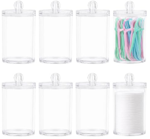8 Pcs Clear Acrylic Cotton Buds Holder, 10 Oz Lids Decor Pots Vanity Jars | Dressing Table Storage, Cotton Ball Pad Dispenser, Bathroom, Beauty Accessories