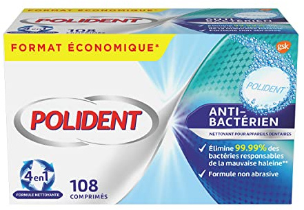 Polident Nettoyant, Pour Prothèses Dentaires Partielles ou Complètes Policent Antibactérien; 108 Comprimés