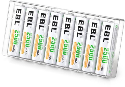 EBL 8PCS Piles AA Rechargeables- Piles Rechargeables AA/ HR6 1,2V Haute Performance, avec Boîte de Stockage, Compatible avec Radio, Manette de Jeu, Jouet, Télécommande, Souris sans Fil, etc.