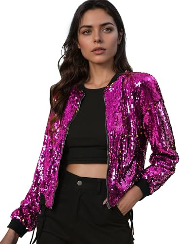 Allegra K Women's Glitter Cropped Long Sleeve Zipper Sequin Bomber Jacket Fuchsia S