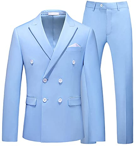 UNINUKOO Mens Suits 2 Piece Double Breasted Tuxedo Suit Slim Fit Wedding Party Dress Formal Suits for Men US Size 42 Light Blue