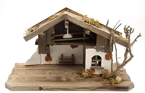 ELLUG Holz Krippenstall, Weihnachtskrippe mit Licht 38 * 18 * 21cm (OHNE Krippenfiguren) aus Holz, für Figuren bis 10cm Höhe