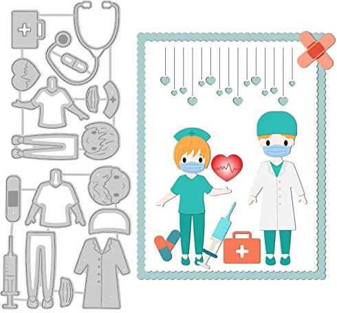 GLOBLELAND 2 Unidades 16 Unidades Médico Enfermera Corte Troqueles de corte de marco Estetoscopio Caja de Medicina Troqueles de Metal Estampados Plantillas de Grabado para Tarjeta de Papel Decoración