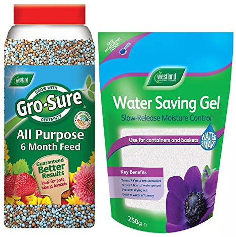 Outdoor Plants Food Fertiliser Bundle - Water Saving Gel 250g & Gro-Sure All Purpose 6-month Plant Food Granules 1.1kg with Topline Card for Slow Release Garden Compost Moisture Feeding Control.