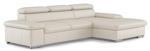 CAVADORE Leder-Schlafsofa Valerie mit XL-Longchair / Eckcouch mit Schlaffunktion, Kopfteilverstellung + großem Longchair / 286 x 73 x 174 / Echtleder Weiß