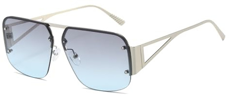 YUELUQU Occhiali da pilota retrò da uomo e da donna, in metallo, mezza montatura Trendy, occhiali da sole quadrati oversize, argento/blu