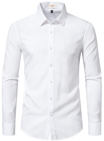 EOUOSS Dress Shirts for Men Stretch Slim Fit Long Sleeve Mens Dress Shirts Casual Business Formal Solid Button Down Shirts White Medium