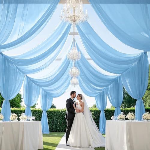 MODFUNS Sheer Ceiling Drapes 6 Panels 5x10ft Baby Blue Wedding Arch Draping Fabric Chiffon Curtain Drapes Tulle Ceiling Curtain Ceiling Covering Fabric Wedding Party Tent Drapery