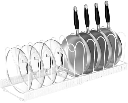 Fousenuk Porta Coperchi Pentole, Organizer Padelle con 10 Scomparti Regolabili, Porta Padelle, Portacoperchi Allungabile, Supporto per Coperchio in Metallo, Contenitore da Cucina (Bianco)