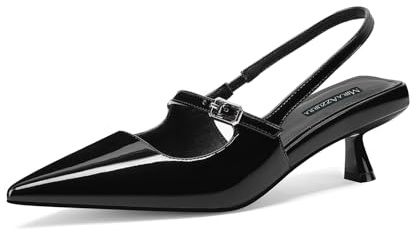 MIRAAZZURRA Zapatos de tacón kitten con punta y hebilla para mujer, con cierre de deslizante, de tacón bajo, para citas, fiesta, trabajo, Negro , 37 EU