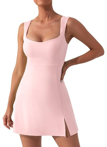 SEAUR Tennisklänning för kvinnor med bröstvaddering, golfklänning, A-linje, slim fit, sportklänning, sommar, golf, tennis, sportklänning med fyrkantig urringning, ROSA, XL