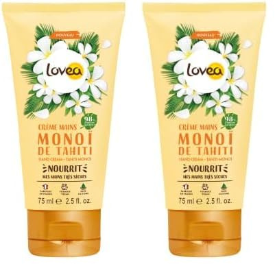 LOVEA - Crème Pour Les Mains - Monoï De Tahiti - Nourrit, Protège & Adoucit - Pour Peaux Très Sèches - 98% D'Origine Naturelle - Sans Silicone - Vegan - Fabriqué En France - 75 ml (Lot de 2)