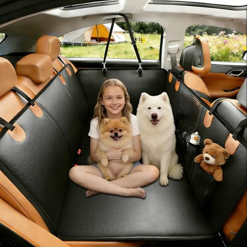CIGAA Dog Car Seat Cover, Waterproof PU Leather Hammock for Car Back Seat with Mesh Window & Dog Seat Belt, Anti-Scratch Hard Bottom Rear Seat Covers For Cars, Trucks, SUV