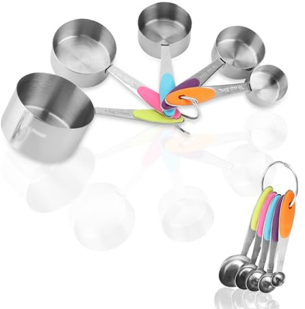 OFFAXE 10-teiliges Messlöffel Set & Measuring Cups aus Edelstahl, bunte Messbecher & Löffel Set mit 2 Ringen, spülmaschinenfestes Backzubehör für Küche & Kochen