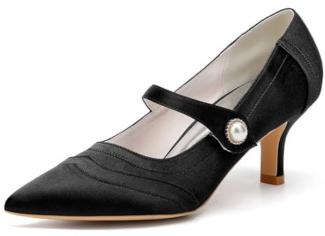 smlekwc Women's Pointed Toe Satin Pumps for Bride Mid Kitten Heel Mary Jane Shoes White Wedding Party Prom Shoes,Black,10 UK