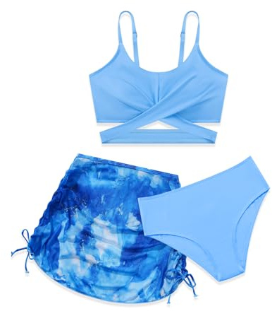 Miyanuby Girls Swimsuits 3 Piece Bathing Suit Plain Criss Cross Bikini Set with Cover Up Skirt Beach Swimwear 9-16 Years Blue