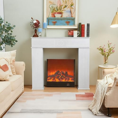 Kaminumrandung, Kaminkonsole Weiss mit Stauraum, Kaminsims Dekokamin für Wohnzimmer, Kaminattrappe Kaminverkleidung (Weiß)