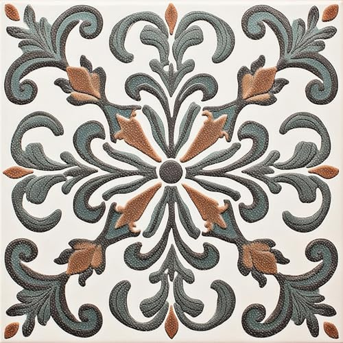 HOMETITUTE 10PCS 12x12 Inch Embossed Vintage Baroque Green Brown Pattern Floor Tiles Peel and Stick Removable Self Adhesive DIY Vinyl Flooring Stickers for Kitchen Bathroom Living Room Home Decor