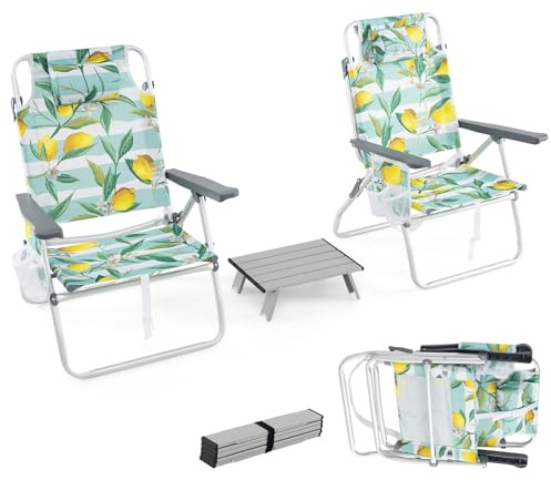KOMFOTTEU 3PCS Chaises de Plage Pliables avec Table Basse, 2 Fauteil de Plage avec Appui-tête, Dossier réglable en 5 Positions, Chaise de Camping, Sac de Rangement & Porte-gobelet (Motif Citron)