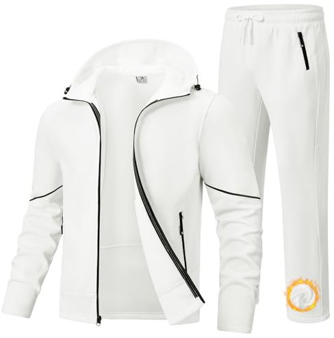 BGOWATU Men's Fleece Lined Tracksuits Set Winter Jacket Hoodie Sweatsuit Running Sport Pants Jogging Suits with Pockets White XL