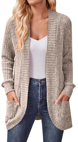 MOKBAY Cardigan Donna Lungo Elegante Manica Lunga Maglia con Tasche Aperto Davanti Maglioncino Curvy Cardigan per Autunno