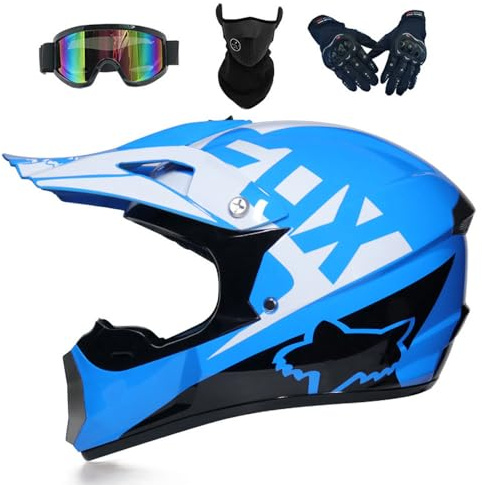 Casco Moto Niño Juvenil Casco Motocross Adultos Cascos Cruzados Offroad ATV MX Enduro Cascos Integral De Descenso MTB Certificado Dot/ECE con Gafas Máscara Guantes,Blue-L