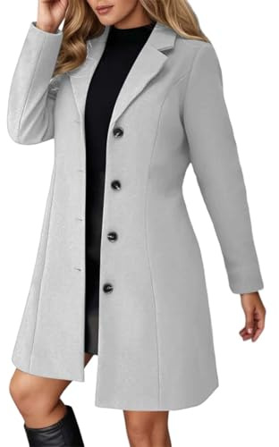 Manteau Femme Hiver Manteaus en Laine Boutonnage Veste À Revers Trench-Coat Epaissie Chic et Élégant Blazer Coupe-Vent Couleur Unie Classique Manteau Mi Longue Hiver Chaud Coat Blousons (Grey, M)