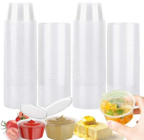 Rliocvhe 100 Pezzi Contenitori Plastica con Coperchio 100ml,Vasetti Trasparenti per Salse,Riutilizzabile Barattoli Trasparente per Alimenti, per Alimenti, Tazze per Salsa, Condimenti