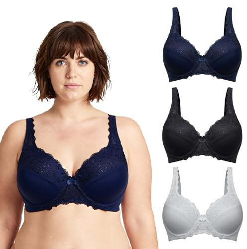 Curve Muse Grande Taille Minimiseur À Armatures Soutien-Gorge sans Doublure avec Dentelle à Broder - Paquet de 3-Marine, Blanc, Ardoise-100G