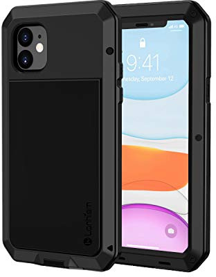 Lanhiem iPhone 11 Case, Heavy Duty Shockproof Tough Armour Metal Case with [Tempered Glass Screen Film], 360 Full Body Protective Case Cover for iPhone 11 -Black