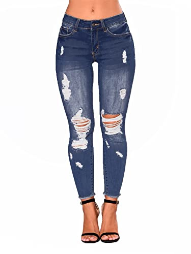 Uusollecy Jeans Donna Vita Media Elastici Jeans Strappati con Cerniera Jeans Skinny Donna Jeggings Donna Elasticizzati,Blu,S