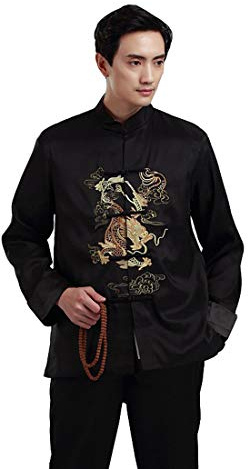 XueXian Men's Dragon Embroidered Lognt Sleeve Tai Chi Kung Fu Top Shirt Jacket Coat Chinese Traditional Clothing Tang Suit (UK XS-Chinese M, Style B Black)