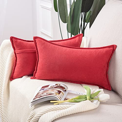 Madizz 2er Set kurzen Chenille Zierkissenbezüge weicher dekorativer Kissenbezug für Sofa, Schlafzimmer Kissenhülle Rot 40x80 cm Rechteckig