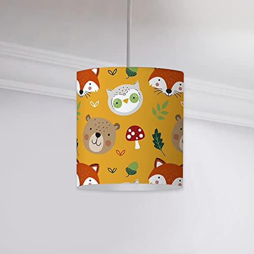 Happy Linen Company Zylinder Pendelleuchte für Mädchen und Jungen, Motiv Woodland Friends Animals, Orange, 18 cm x 21 cm