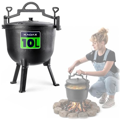 KADAX Jagdkessel 10L, Gusseisen Kochtopf mit Füßen, Schmortopf aus Gusseisen, Dutch Oven für Garten, Lagerfeuer, Camping, BBQ, Feuertopf mit Deckel