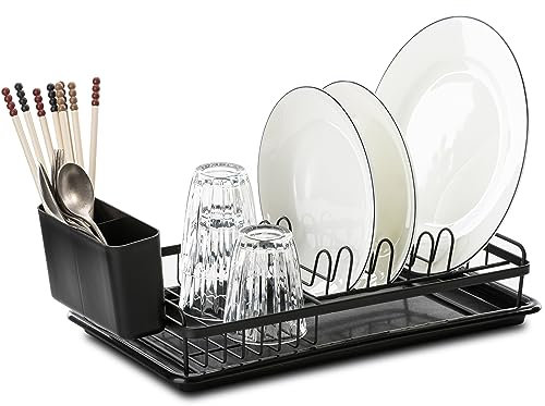 Leadfun Abtropfgestell Geschirr klein, Geschirrabtropfgestell mit Abnehmbarer Haken und abtropfschale, Geschirr abtropfständer für Spüle, Dish Drying Rack Drainer, 39 x 23 x 8cm (schwarz)