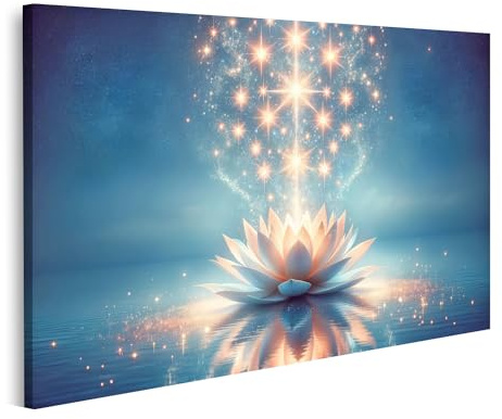 islandburner Quadro su tela Fiore di loto luminoso su specchio d'acqua con albero stellato