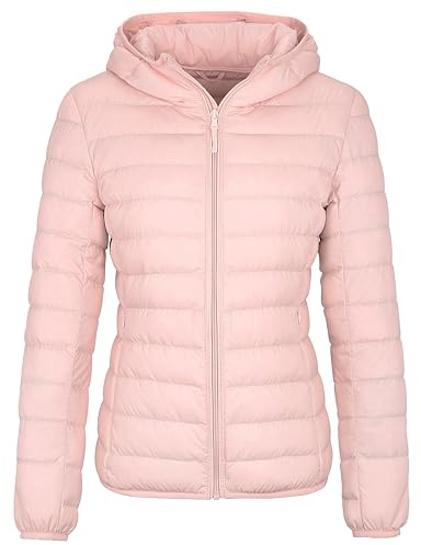 Wantdo Piumino Leggero Ripiegabile Giacca con Cappuccio Antivento Giubbotto Corto Slim Fit Giacca da Montagna Caldo Mezza Stagione Donna Avorio Rosa L