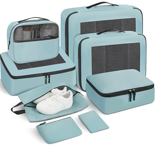 Prezon Cubos de embalaje para maletas, juego de 8, organizadores de equipaje ligeros, cubos de embalaje para accesorios de viaje - Verde azulado