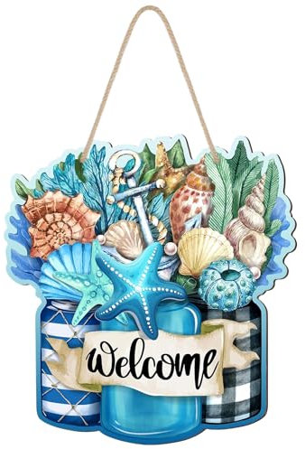 Fangoo Panneau de bienvenue pour porte d'entrée, couronne côtière, décoration en bois avec cordes, décoration en forme d'étoile de mer